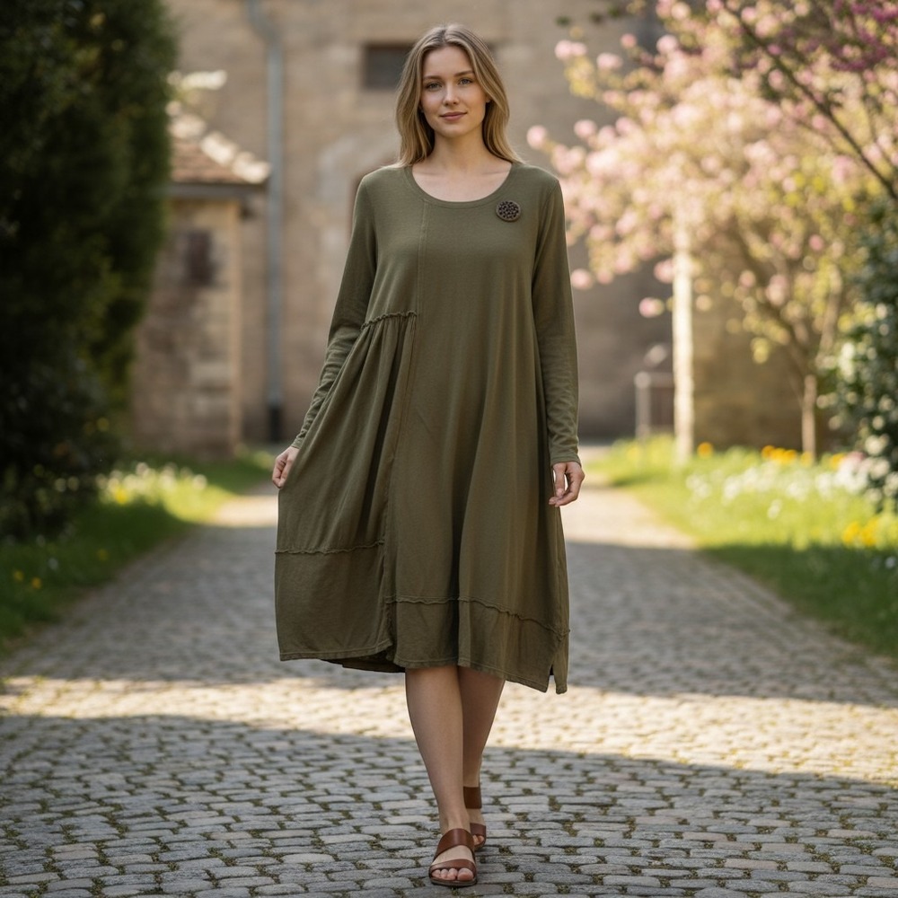 Neon Buddha Olive Green Long Sleeve Asymmetrical Button Accent Pocket Dress S